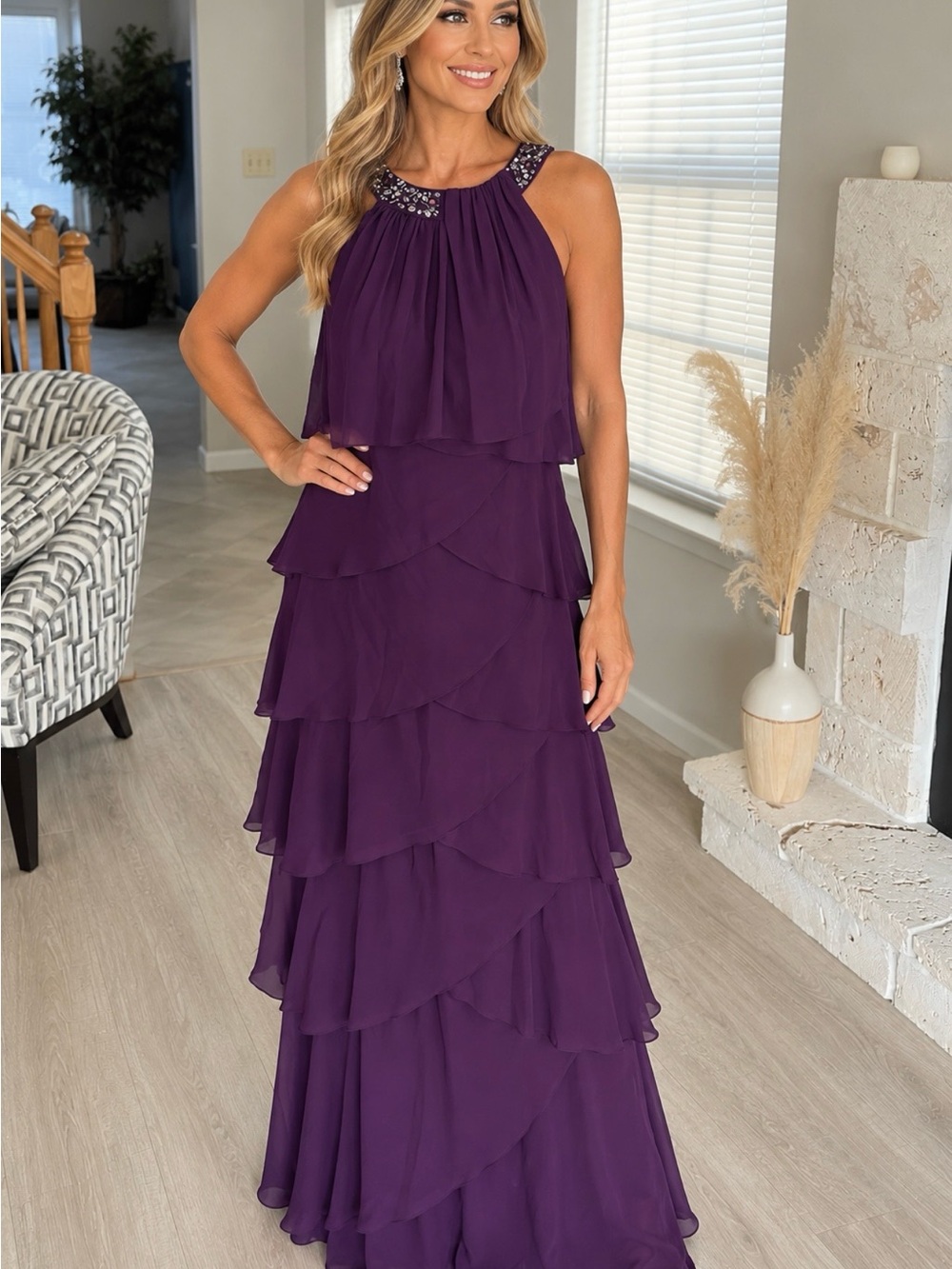 S.L. Fashions Deep Plum Tiered Chiffon Maxi Dress. Great for Mother of the Bride